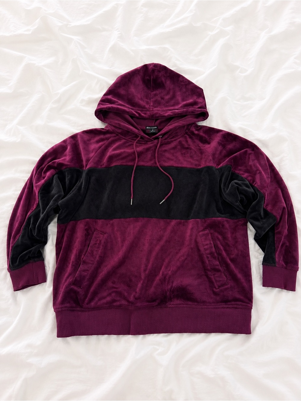Champion Two-Tone Velvet Hoodie in Burgundy and Black